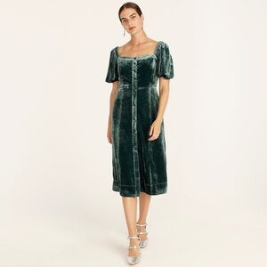 NWT J. Crew Puff Sleeve Velvet Midi Dress Green Womens Size 10 Button Close